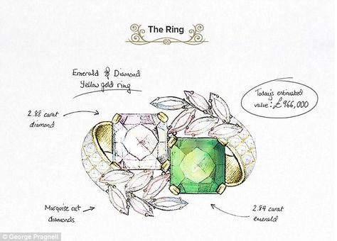 Unique design: JFK picked out this stunning ring featuring a 2.88 carat diamond and a 2.84 carat emerald for Jackie with the help of his father Joseph Famous Engagement Rings, Ring Sketch, Jewelry Rendering, The Dazzling, Jewellery Design Sketches, Jewelry Illustration, Galia Lahav, Jewelry Drawing, Jewellery Sketches