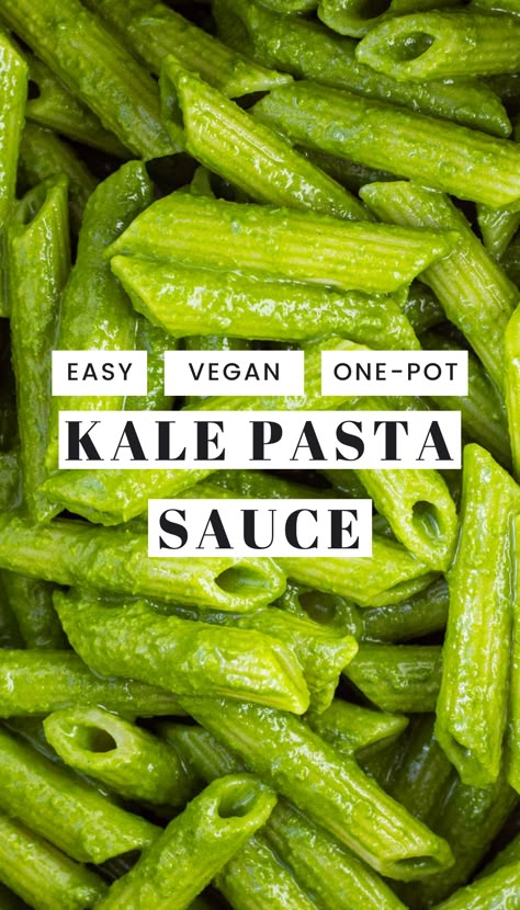 Kale pasta is the perfect healthy plant-based weeknight dinner. YES, a pasta sauce made almost entirely from kale can be super delicious! It's smooth, vibrant, and almost creamy. Plus, it's made in one pot and is a super fast meal (ready in under 30 mins!). Tasty vegan pasta? Yes please! #recipe #healthy #vegan #vegetarian #meatlessmonday Creamy Kale Pasta, Kale Pasta Sauce, Vegan Kale Recipes, Kale Recipes Vegan, Recipe Using Kale, Kale Sauce, Kale Noodles, Green Pasta Recipe, Kale Pasta Recipe