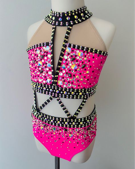 Hot Pink Dance Costumes Jazz, Hot Pink Dance Costumes, Dance Costume Rhinestone Pattern, Jazz Competition Costume, Custom Dance Costumes Jazz, Rhinestone Dance Costume Ideas, Rhinestone Patterns Dance Costumes, Jazz Solo Costumes, Jazz Dance Costumes Sassy