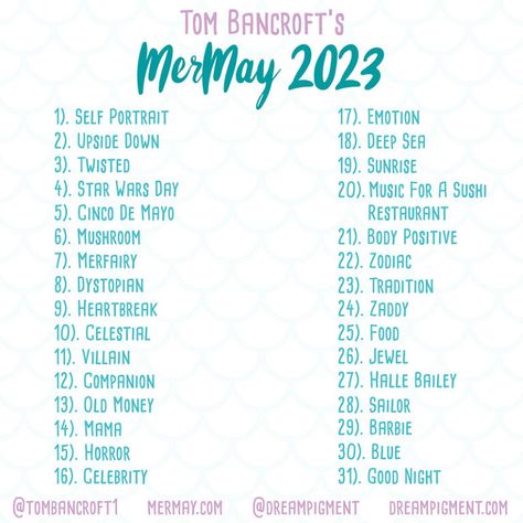 MerMay 2023 Prompt List 2023 Drawing Prompts, Mermay Prompt 2023, Sketchtember 2023, Mermay Prompt, Mythical Creatures List, Mermay 2023, Mermay Art, Draw A Mermaid, Tom Bancroft