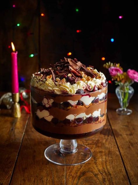 Black Forest trifle | Jamie Oliver Christmas recipes Jamie Oliver Trifle Recipe, Jamie Oliver Black Forest Trifle, Black Forest Truffle, Black Forest Trifle Christmas, Black Forest Recipes Desserts, New Years Trifle Desserts, Black Forrest Trifle, Jamie Oliver Tiramisu, Christmas Pudding Ideas