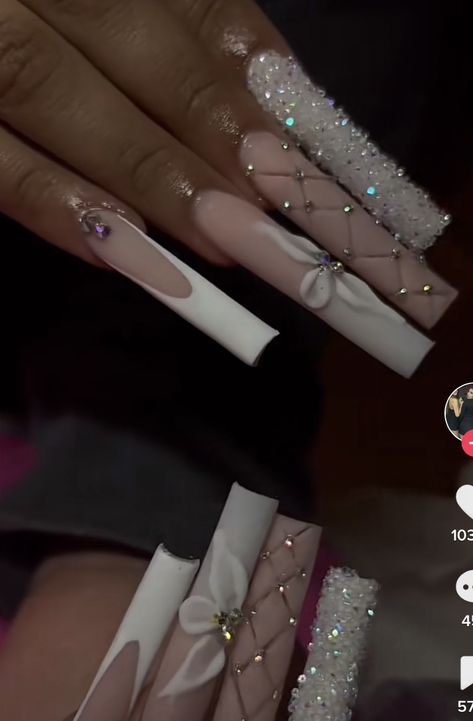 Long Nail With Rhinestones, Long Square Acrylic Nails New Years, Xxlong Square Nails, Long Gem Acrylic Nails, Acrylic Nails Gems Rhinestones, Acrylic Nails Ideas Baddie, December Wedding Nails, Long Gem Nails, Nails Acrylic Coffin Long Baddie