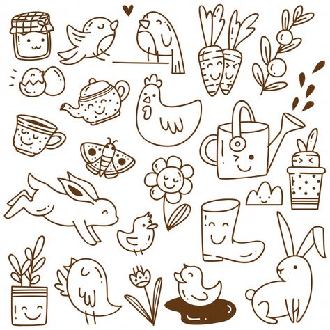 Set of spring related object in kawaii doodle style Vector | Premium Download Cute Doodle Art Bunny, Spring Related Drawings, Drawing Spring Ideas, Spring Doodle Art, Cute Spring Doodles, Spring Doodles Bullet Journal, Simple Spring Drawings, Easy Spring Doodles, Spring Doodles Simple