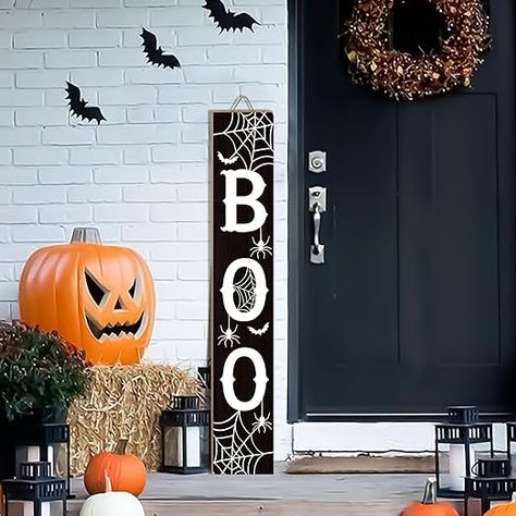 PERFECT HALLOWEEN DECORATION: Get in the Halloween mood with this BOO Porch Sign. It is characterized by the contrast of wood grain and white letters on a black background. The spider webs give the logo a more Halloween feel. HIGH QUALITY HALLOWEEN SIGN: Boo porch welcome sign. Please note: This post contains affiliate links from Amazon. If you make a purchase through these links, I may earn a commission at no additional cost to you. Thanks for your support! Halloween Entryway, Outside Halloween Decorations, Halloween Porch Sign, Boo Sign, Porch Pumpkins, Front Door Porch, Halloween Front Porch, Halloween Porch Decorations, Halloween Crafts Decorations