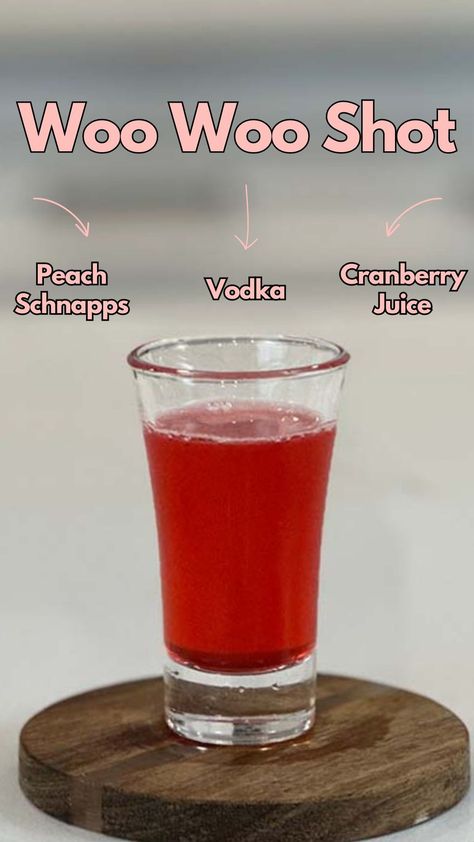 The Woo Woo shot is the perfect shot to get the party started. Learn how to make this simple shot with cranberry, vodka, and peach schnapps. #WooWooShot Margaritas, Cowboy Shots Alcohol, Woo Woo Drink, Peach Schnapps Shots, Fruity Shots Alcohol Easy, Vodka Shots Easy, Shots With Peach Schnapps, Red Shots Alcohol, Shot Recipes Alcoholic