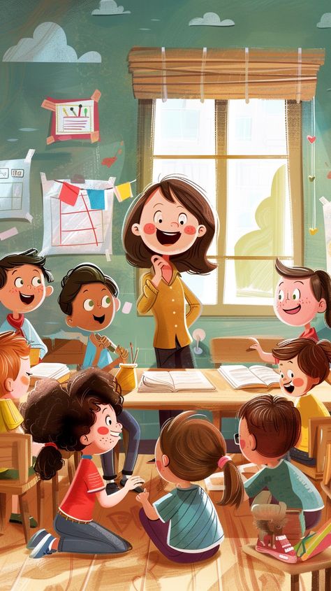 Scena di Scuola in Classe di Bambini di Prima Elementare Elementary School Illustration, Classroom Illustration School, Teacher Illustration Character, School Students Images, Classroom Illustration, Class Illustration, Classroom Scene, Teacher Illustration, Student Illustration