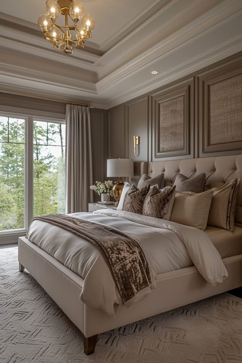 29 Beige Bedroom Ideas 23 Gold And Beige Bedroom, Beige Bed Frame Room Ideas, Luxury Primary Bedroom, Modern Master Bedrooms Decor, Beige And Brown Bedroom Ideas, Classic Bedroom Ideas, Luxurious Bedrooms Master, Taupe Bedroom Ideas, Champagne Bedroom