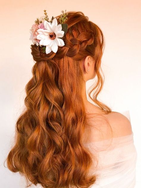 Wedding Dress For Redhead Brides, Wedding Hair For Gingers, Wedding Hairstyles Red Hair Half Up, Bridesmaid Hairstyles For Red Hair, Prom Hairstyles For Red Hair, Wedding Hair Red Hair, Wedding Makeup For Redheads Brides, Bride With Red Hair, Redhead Bride Hairstyles