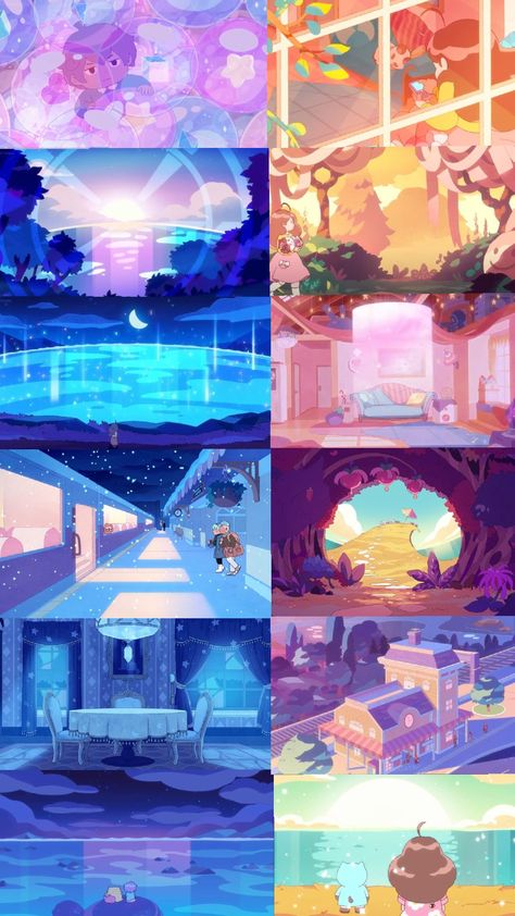 Bee and Puppycat 🌌🌕🌙 Warm colors and Cool colors Bee And Puppycat Inspired Bedroom, Bee And Puppycat Colour Palette, Bee And Puppycat Reference, Bee And Puppycat Room Decor, Bee And Puppycat Acnh, Bee And Puppycat Background Art, Bee And Puppycat Landscape, Bee And Puppycat Concept Art, Bee And Puppycat Scenery