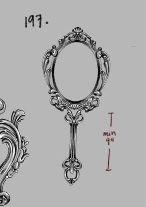 Vintage Mirrors Tattoo, Baroque Mirror Tattoo, Vintage Hand Mirror Drawing, Tiny Mirror Tattoo, Vintage Jewelry Tattoo, Hand Held Mirror Drawing, Victorian Mirror Drawing, Vintage Hand Held Mirror Tattoo, Antique Mirror Drawing