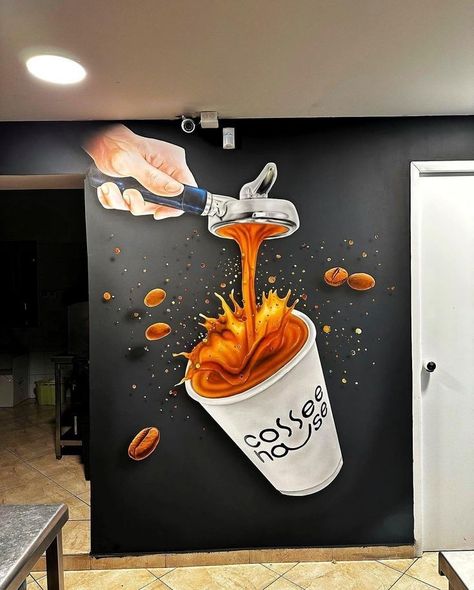 Restaurant Painting Ideas, Cafe Wall Ideas, Cafe Painting Ideas, Restaurant Wall Painting Ideas, Wall Painting For Cafe, Cafe Wall Art Creative, Coffee Art Painting Ideas, Cafe Art Wall, Painting For Restaurant