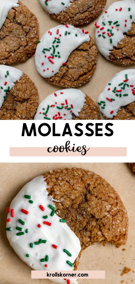 a molasses cookie dipped in white chocolate Molasses Cookies With Frosting, Molasses Kringle Cookies, Dipped Molasses Cookies Soft, Christmas Cookies Molasses, Ginger Molasses Cookies Christmas, Dipped Molasses Cookies, Spiced Molasses Cookies, Ginger Molasses Christmas Cookies, Molasses Christmas Cookies