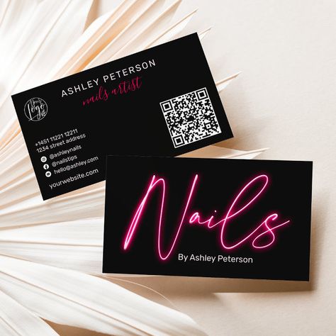 Modern glam pink neon nails script logo qr code business card Nail Tech Business Cards, Circle Business Cards, Qr Code Business, Cute Business Cards, Hair Business Cards, Qr Code Business Card, Beauty Business Cards, Floral Business Cards, Neon Makeup