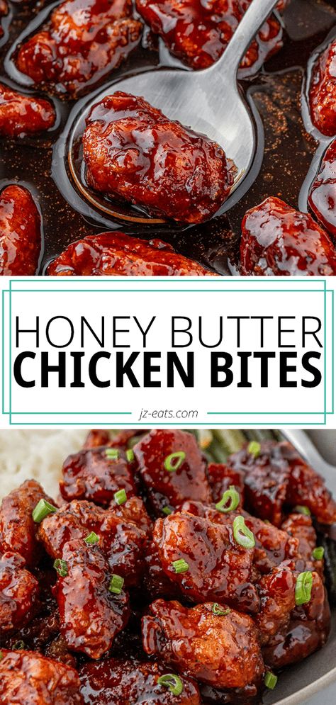 Crispy Honey Butter Chicken Recipe - JZ Eats Butter Chicken Bites, Honey Butter Chicken, Honey Sauce, Chicken Bites, Honey Butter, Best Appetizers, Butter Chicken, Chicken Recipe, Skillet