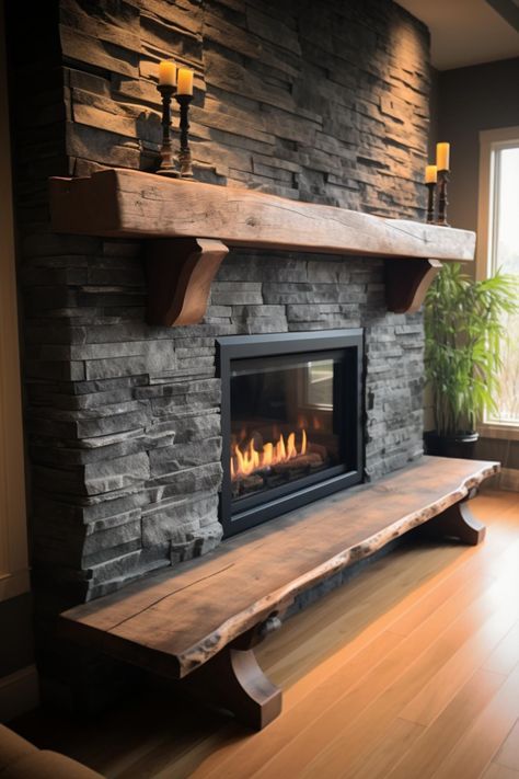 Mountain House Fireplace Ideas, How To Install Stone Veneer Fireplace, Rock And Wood Fireplace, Rustic House Fireplace, Modern Cabin Fireplace, Moody Fireplace Wall, Half Stone Fireplace With Mantle, Fireplace Makeover Stone, Fake Stone Fireplace