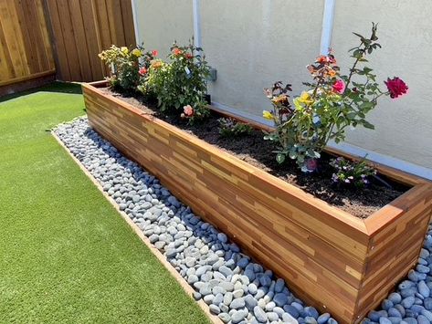 Long Planter Boxes Front Of House, Planter Boxes In Front Of House, Redwood Planter Boxes, Front Yard Planters, Long Planter Boxes, Wood Planter Boxes, Tall Planter Boxes, Backyard Boho, Backyard Planters