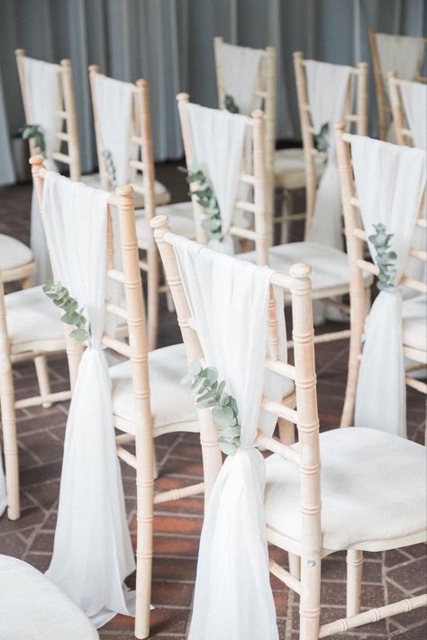 Eucalyptus Chairs Wedding, Decor For Chairs At Wedding, Greenery Chair Decor Wedding, Outside Wedding Chairs, Eucalyptus Wedding Chairs, Chair Ideas For Wedding, Wedding Chair Backs, Wedding Decorations For Chairs, Draped Chairs Wedding