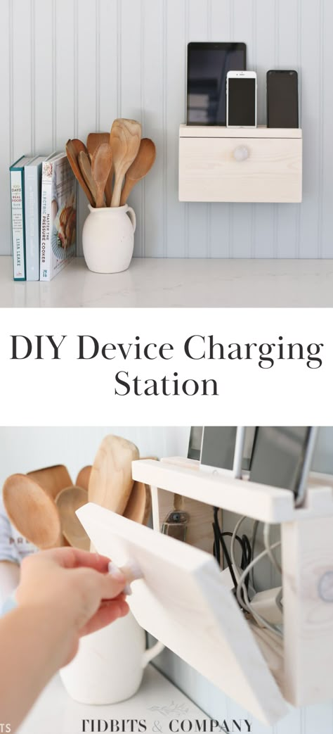 Give your cell phones and devices the perfect place to recharge in style! Build this DIY device charging station (or docking station) to hide cords, free up precious countertop space, and designate a place for the whole family to store their devices when not in use. Rv Charging Station Ideas, Kitchen Charger Station Ideas, Night Stand Charging Station Diy, Electronic Station Ideas, Charging Area In Home, Device Storage Ideas, Countertop Charging Station, Tech Charging Station Ideas, Hide Charging Station