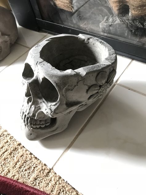 Skull planter  By Jim kaleta Skull Ceramics, Skull Ashtray, Clay Skull, Ceramic Skull, Skull Planter, Dark Home Decor, Clay Diy Projects, Bust Sculpture, A Level Art