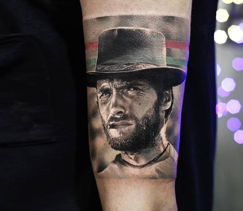 Clint Eastwood tattoo by Dani Ginzburg | Photo 31494 Clint Eastwood Tattoo, Mo Ganji, Western Posters, Movie Tattoo, 100 Tattoo, Poppies Tattoo, Bear Tattoos, Realistic Tattoo, World Tattoo