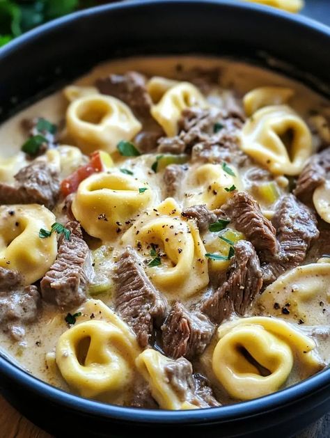 Slow Cooker Cheesesteak Tortellini in Creamy Provolone Sauce – Then and Now Recipes Italian Recipes Slow Cooker, Crockpot Cheesesteak Tortellini, Slow Cooker Cheesesteak Tortellini In Creamy Provolone Sauce, Slow Cooker Cheesesteak Tortellini, Cheesesteak Tortellini Crockpot, Tortellini Crock Pot Recipes, Cheesesteak Tortellini In Rich Provolone, Beef Tortellini Recipes Soup, Slow Cooker Meals For 2