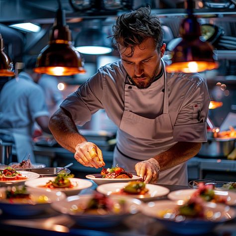 Download 'Chef Plating Dish' - Chef meticulously garnishing a dish in a busy, professional kitchen illuminated by warm overhead lights. - Get this free stock photo and more high-quality images on StockCake. No attribution required. Chef Photo Shoot Ideas, Cooking Photoshoot Ideas, Chef Pictures Image Cooking, Chefs Photoshoot, Cooking Portrait, Chef Cooking Photography, Someone Cooking, Chef Branding, Chef Plating