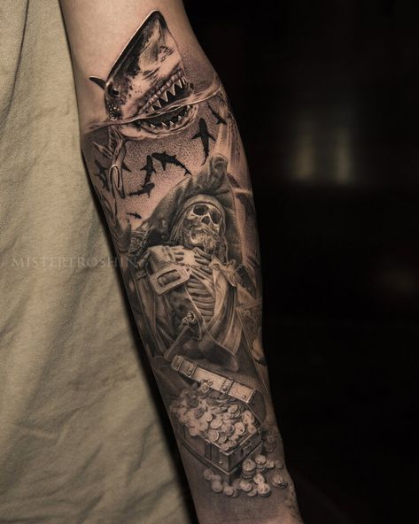 Pirate Tattoo Sleeve, Sharks Tattoo, Sea Tattoo Sleeve, Ship Tattoo Sleeves, Nautical Sleeve, Swing Tattoo, Nautical Tattoo Sleeve, Mangas Tattoo, Tiger Tattoo Sleeve