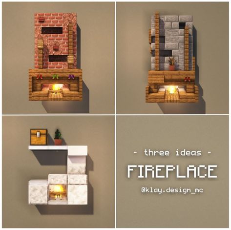 𝗞𝗟𝗔𝗬 | Minecraft Design on Instagram: "There's some fireplace ideas! I'm in love with the second one! Which one do you like the most? (Lemme know) ☺ Also, this post is dedicated to s special person who yesterday turned 18! • Repost with credits only! • Follow @klay.design_mc for more! • Pinterest profile: https://pin.it/43DqTID • Shaders: Complementary_v4.3.3 #minecraftpe #minecraft #minecraftideas #minecraftdesign #videogames #fortnite #klaydesignmc #design #interiors #interiordesign #video Fireplace Minecraft Design, Minecraft Second Floor Ideas, Minecraft House Fireplace, Minecraft Lodge Interior, Minecraft Map Room Design, Fireplace Design Minecraft, Minecraft Small Fireplace Ideas, Minecraft Interior Ideas Storage, Minecraft Wall Interior