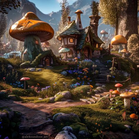 Fairytale Village, Environment Illustration, Fairy Life, Faerie Aesthetic, Village Drawing, Gnome Village, Fantasy Village, Cozy Cottages, Fantasy Town