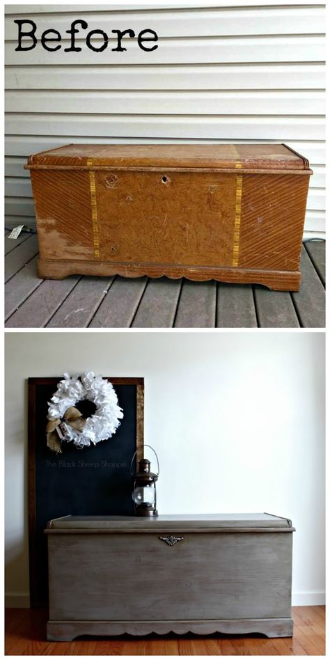 Before and after photo of cedar chest. Hope Chest Makeover, Cedar Chest Redo, Painted Cedar Chest, Armoire Repurpose, Chest Makeover, Chest Ideas, Furniture Remodeling, Paint Collection, Bedroom Furniture Makeover