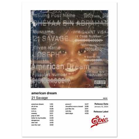 Dream Album Cover, 21 Savages, Dream Poster, Posters On Wall Bedroom, Album Cover Poster, The American Dream, 21 Savage, American Dream, All Music