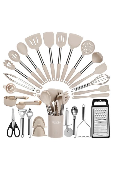 Kitchen Wear Ideas, Kitchen Set Aesthetic, Cream Kitchen Appliances, Uae House, Kitchen Utensils List, Beautiful Kitchenware, Kitchen Essentials List, Kitchen Utensil Storage, Kitchen Wear