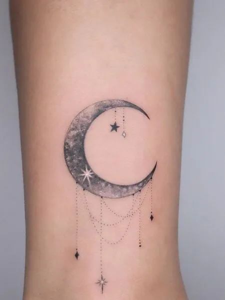 Half Moon Tattoo Thigh Moon Tattoos Women, Moon And Stars Tattoo Designs For Women, Moon Star Tattoo Designs, Moon Star Tattoos For Women, Star And Moon Tattoo Designs, Half Sun And Moon Tattoo, Shoulder Moon Tattoos For Women, Moon Shoulder Tattoo For Women, Moon Sleeve Tattoos For Women