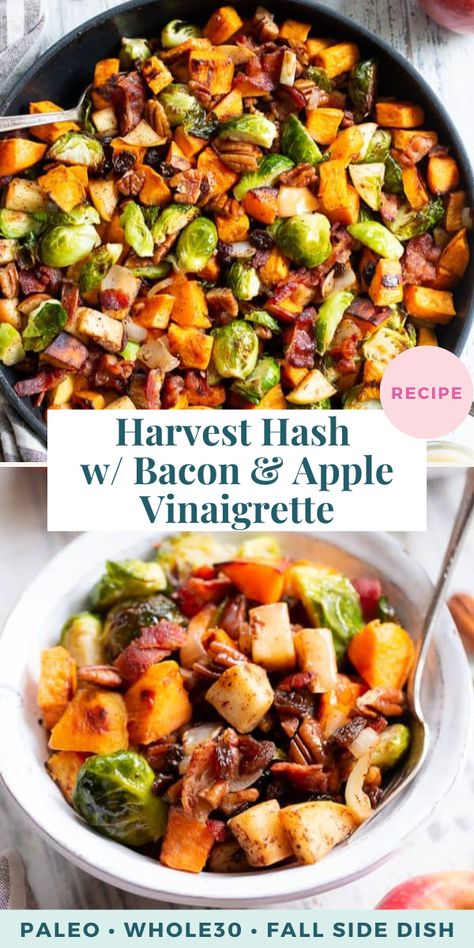 This harvest hash is everything you’re craving for the fall season, or anytime! It’s loaded with roasted veggies, apples, bacon, pecans and raisins for a sweet, savory and healthy dish! The apple vinaigrette add the perfect final touch! Paleo, Whole30 compliant and great for any meal or as a holiday side dish! Harvest Hash, Potato Eggs, Apple Vinaigrette, Dinner Eggs, Paleo Holiday Recipes, Omelette Breakfast, Sweet Potato Bacon, Thanksgiving Vegetables, Potato Bacon