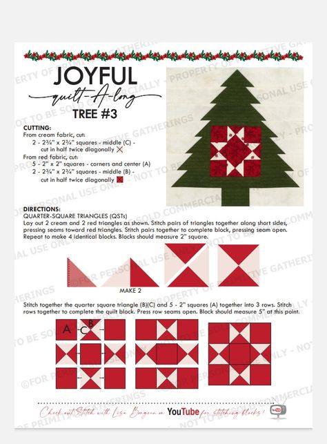 Joyful Quilt Along 2023 free by Primitive Gatherings Block 3 Joyful Gatherings, Joyful Gatherings Quilt Along, Joyful Quilt Along, Winter Quilts Patterns, Christmas Tree Quilt Block, Christmas Crafts Sewing, Tree Quilt Block, Christmas Quilting Projects, Small Quilt Projects