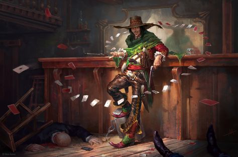 Mythgard. Bob "Banzai" Vaquero, Alexander Mokhov Western Gunslinger Art, Western Artwork, West Art, Cowboy Art, Dungeons And Dragons Characters, Pulp Art, Dieselpunk, Western Art, Dnd Characters