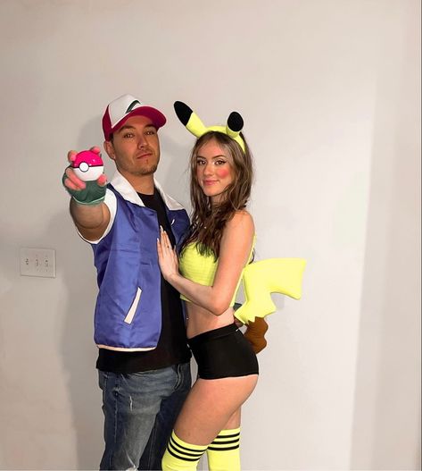 Ash And Pokemon Costume, Pokemon And Trainer Costume, Pika Hi Costume, Ash Pikachu Costume, Womens Pikachu Costume, Couple Costumes Pokemon, Pikachu Womens Costume, Ash Ketchum And Pikachu Costume, Halloween Easy Costume Couple