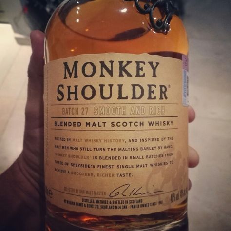 Monkey Shoulder... Blend of three single malts whiskys! Just love it! Monkey Shoulder, Malt Whisky, Scotch Whisky, Single Malt, Wine And Spirits, Barley, Whiskey Bottle, Just Love, Love It