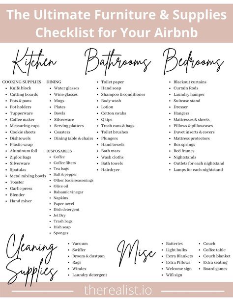 Furnished Rental Checklist, Airbnb Supply Checklist, Airbnb Kitchen Checklist, Furnish Airbnb, Air Bnb Essentials, Airbnb Furniture Checklist, Air Bnb Host Checklist, Airbnb Shopping List, Airbnb List Of Items