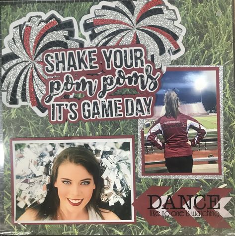 Yearbook Cheer Spreads, Cheer Spreads Yearbook, Cheer Scrapbook Ideas, Cheerleading Scrapbook Layouts, Cheerleader Scrapbook Layouts, Cheer Scrapbook Layouts, Spirit Week Scrapbook Layout, Dance Team Scrapbook Layouts, Scrapbook Dance Layouts