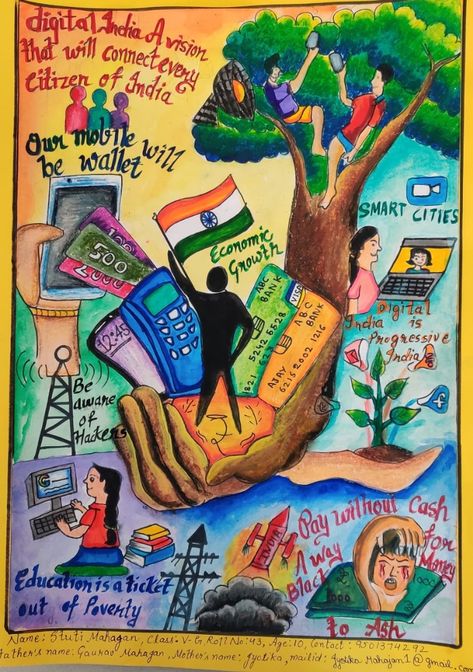 Viksit Bharat Poster Ideas, Digital India Drawing Poster, Viksit Bharat Painting Competition, Viksit Bharat Painting, Future Of India Poster, Viksit Bharat Poster, Technology Art Drawing, Art Competition Ideas Creative, Digital India Drawing