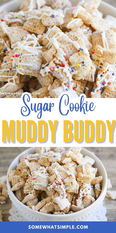 These Sugar Cookie Chex are a fun twist on classic muddy buddies. This irresistible snack features crunchy cereal coated in a sugary frosting, creating a delightful treat that's perfect for parties or a quick, satisfying munch. Desserts With Chex Cereal, Muddy Buddy Recipe Christmas, Chex Muddy Buddy Recipe, Crunch N Munch Recipe, Sweet Chex Mix Recipes, Sugar Cookie Chex Mix, Sugar Cookie Chex, Muddy Buddy Recipe, Chex Mix Recipes Sweet