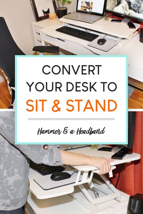 Have you been thinking about trying a standing desk? I did it after learning that you don’t need a whole new desk and you don’t have to commit to standing all day. There are affordable standing desk converters that allow you to switch between sitting and standing throughout the day. Here’s how to make the easy switch to a sit and stand desk, whether you work from home or the office. #standingdesk #sitandstanddesk #officedecor #homeoffice Home Office With Adjustable Desk, Sit Stand Desk Setup, Sit To Stand Desk Office, Desk Risers Ideas, Sit To Stand Desk Diy, Ikea Sit Stand Desk Hack, Convert Desk To Standing Desk, Sit Stand Desk Home Office Layout, Sit Stand Desk Ikea