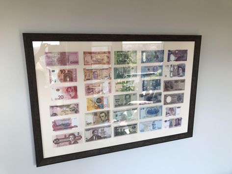 Money Collection Display, Money Display Ideas, Foreign Money Display Ideas, Coin Display Ideas, Coin Collection Display, Display Souvenirs, Travel Room Decor, Money Frame, Michigan Decor