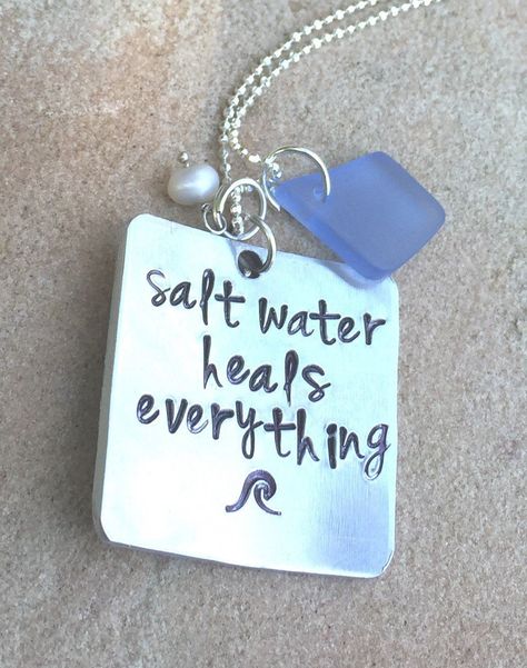 Salt Water Heals Everything Necklace, Beach Necklace, Beach Jewelry, Mothers Day Necklace, inspirational necklace, natashaaloha - Natashaaloha, jewelry, bracelets, necklace, keychains, fishing lures, gifts for men, charms, personalized, Metal Stamping Projects, Metal Stamping Kit, Mothers Day Necklace, Spoon Crafts, Hand Stamped Metal, Stamped Necklaces, Diamond Choker Necklace, Metal Stamped Jewelry, Star Charm Necklace