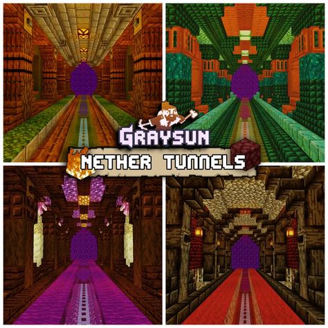 Nether Wart Farm Design Minecraft, Minecraft Nether Highway Design, Minecraft Nether Path Design, Nether Interior Minecraft, Nether Highway Minecraft, Minecraft Battle Arena Ideas, Tunnel Minecraft Ideas, Underground Nether Portal Design, Minecraft Nether Highway