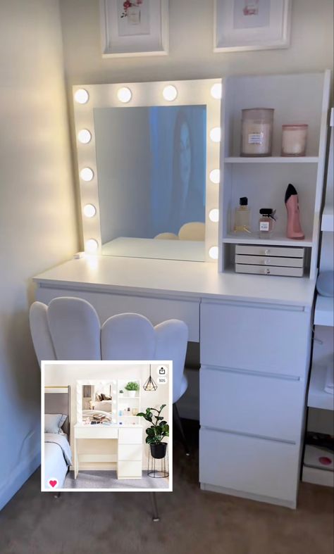 Makeup, room, rooom decor, decor, forniture, white room, elegant, desk, makeup vanity, woman, it girl Small Room Makeup Vanity, Cute Small Vanity Ideas, Vanity Ideas Bedroom Cheap, Teen Makeup Desk, Vanity Ideas Bedroom Small Simple, Small Room With Vanity Ideas, Small Desk Vanity Ideas, Vanity Ideas For Small Bedroom, Organized Vanity Ideas