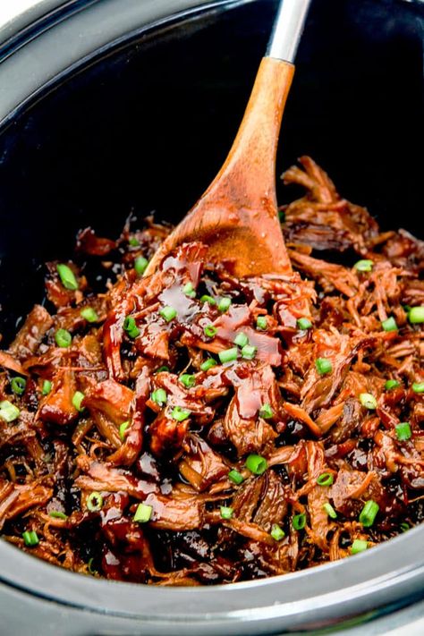 Slow cooker Asian Caramel Pulled Pork in slow cooker Asian Pulled Pork Slow Cooker, Asian Pulled Pork Tacos, Pork And Pineapple Tacos, Asian Shredded Pork, Asian Pork Tacos, Asian Slow Cooker Recipes, Caramel Pork, Asian Pulled Pork, Pulled Pork Tacos Recipe