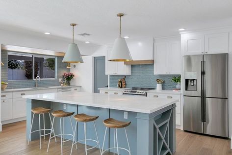 Whitney Beswick (@wbeswick) • Instagram photos and videos Cleaning Ceramic Tiles, Light Blue Kitchens, Blue Backsplash, Blue Kitchen Cabinets, Polish Ceramics, Shower Floor Tile, Glazed Ceramic Tile, Ceramic Subway Tile, Backsplash Designs