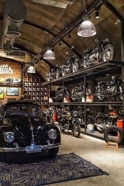 Motorcycle Storage Garage, Man Cave Shed, Garage Design Interior, Motorcycle Storage, Garage Loft, Cool Garages, Motorcycle Shop, Motorcycle Garage, Man Cave Home Bar